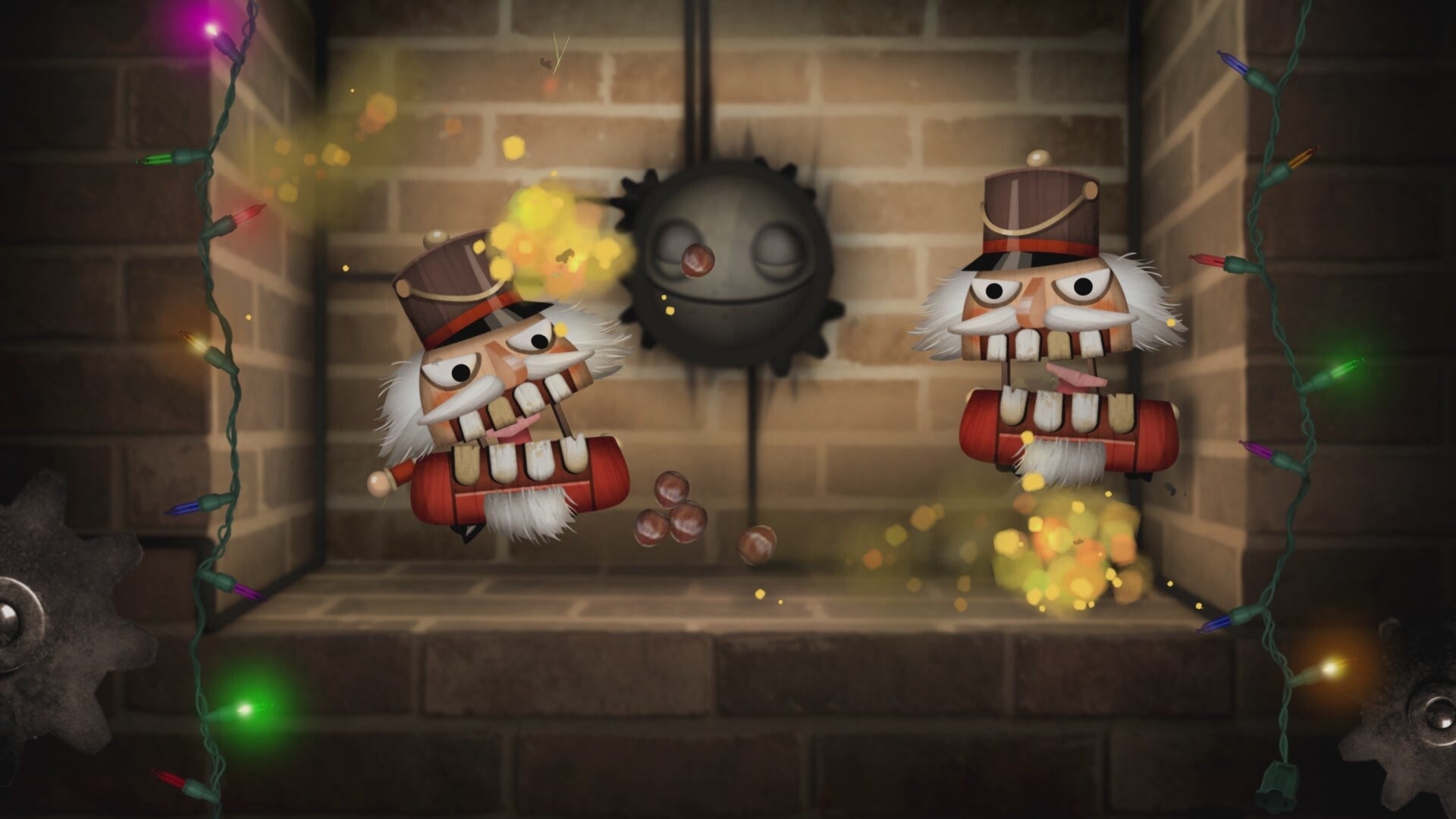 Two nutcrackers burn in a fireplace in Little Inferno's Christmas DLC.