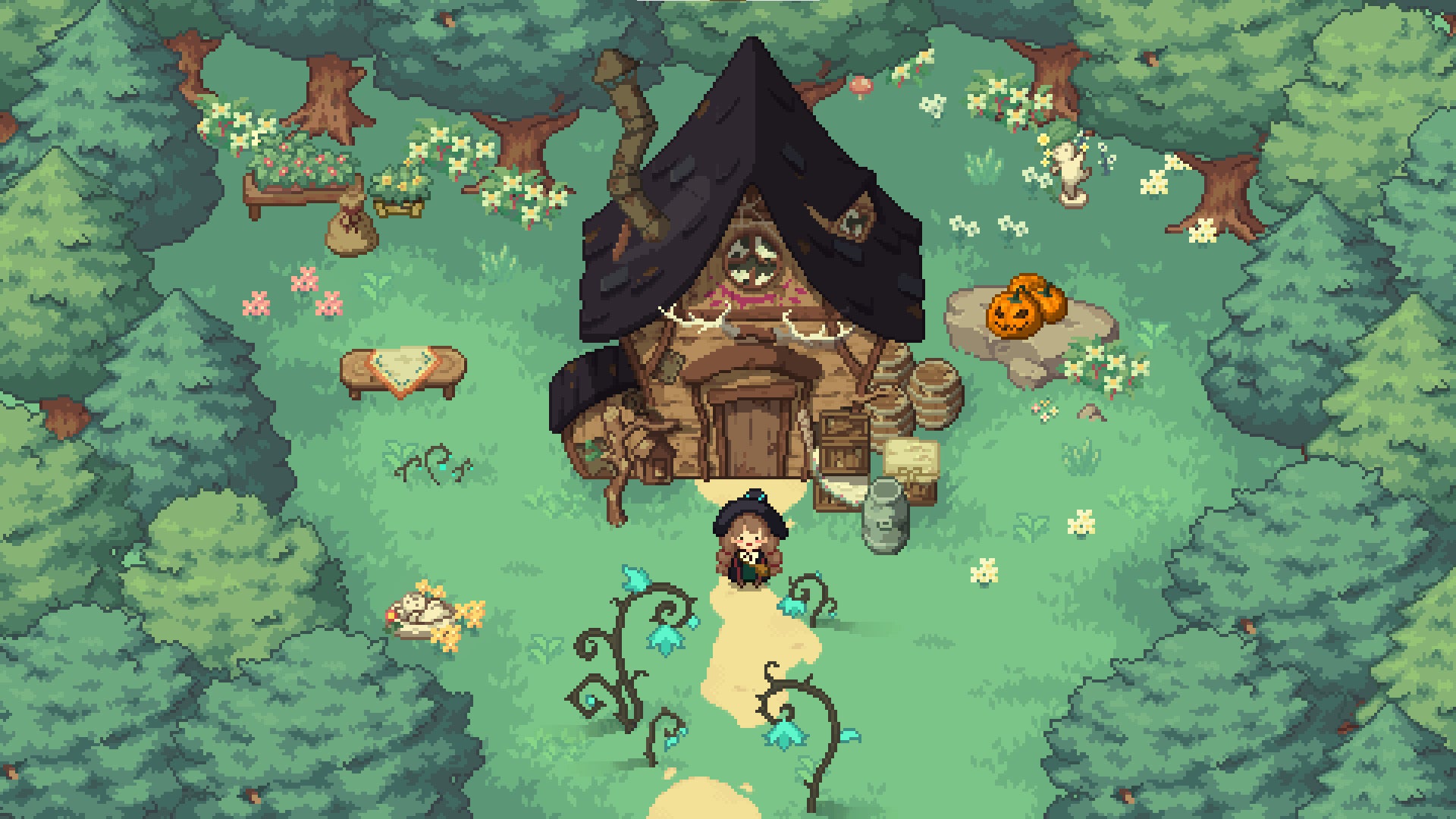 A little witch outside her hut in the woods in a Little Witch in the Woods screenshot.