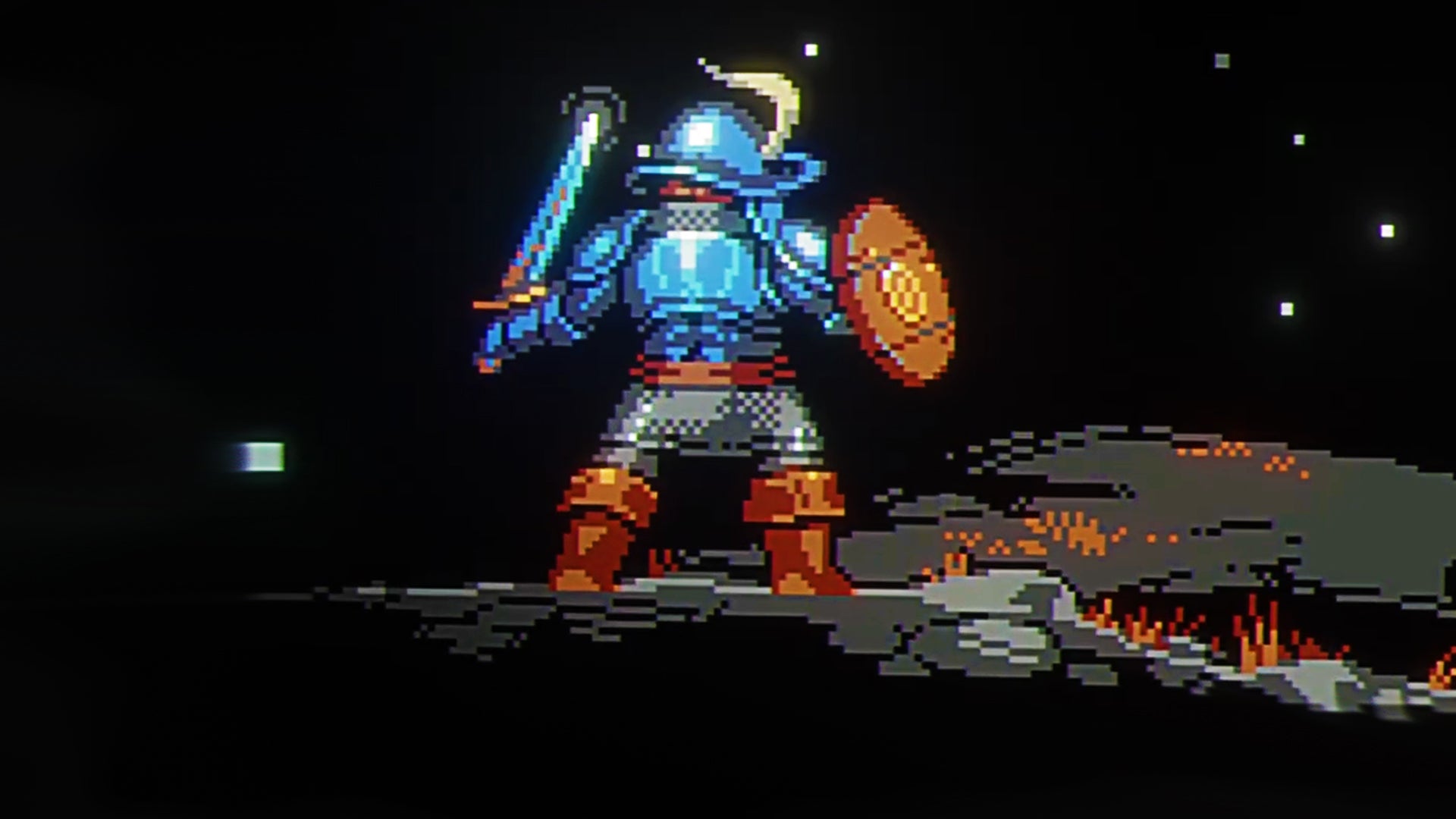 The adventurer from Loop Hero stood with their back to the camera, wearing blue armour.