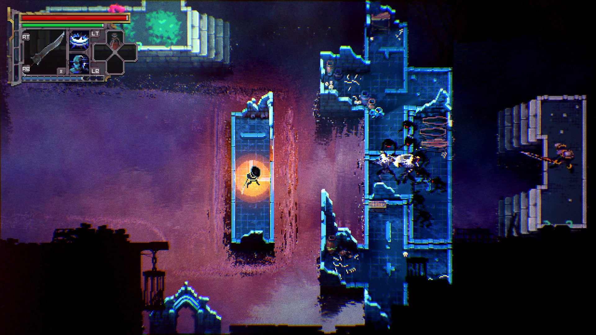 A screenshot of Loot River, a topdown 2D action game, depicting the protagonist on a rectangular platform surrounded by water. A nearby platform is covered in inky black demons.