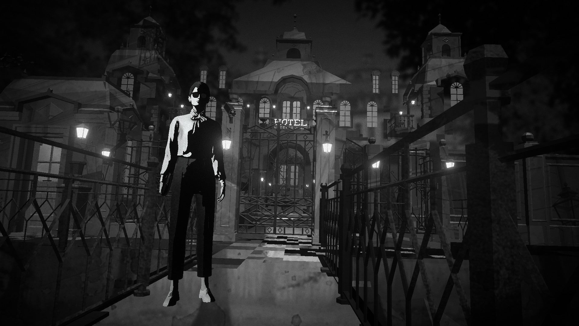A black and white screenshot showing a woman covered by sharp contrasting shadows standing in front of a baroque hotel.