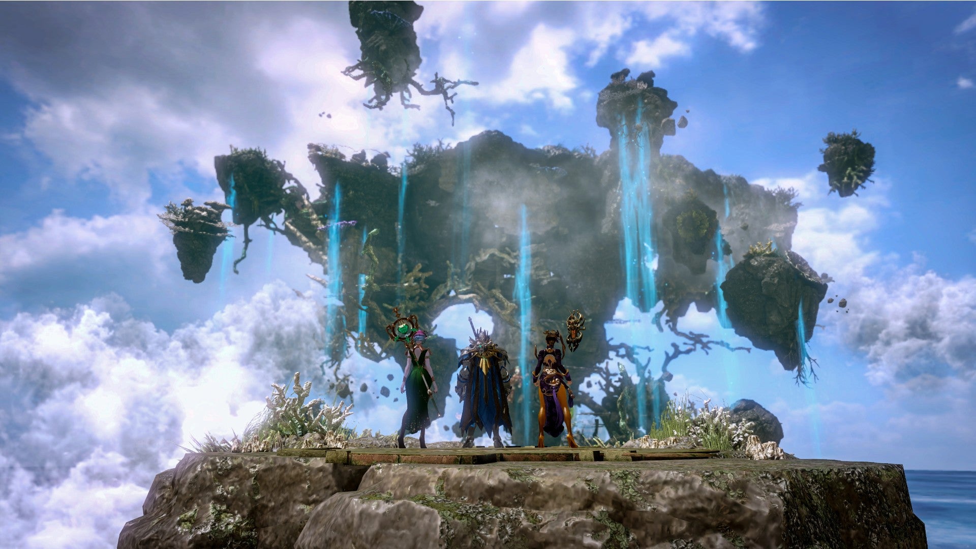 Lost Ark characters standing on the edge of a cliff with beautiful blue skies above. They stare at a large floating rock that hangs in the sky.
