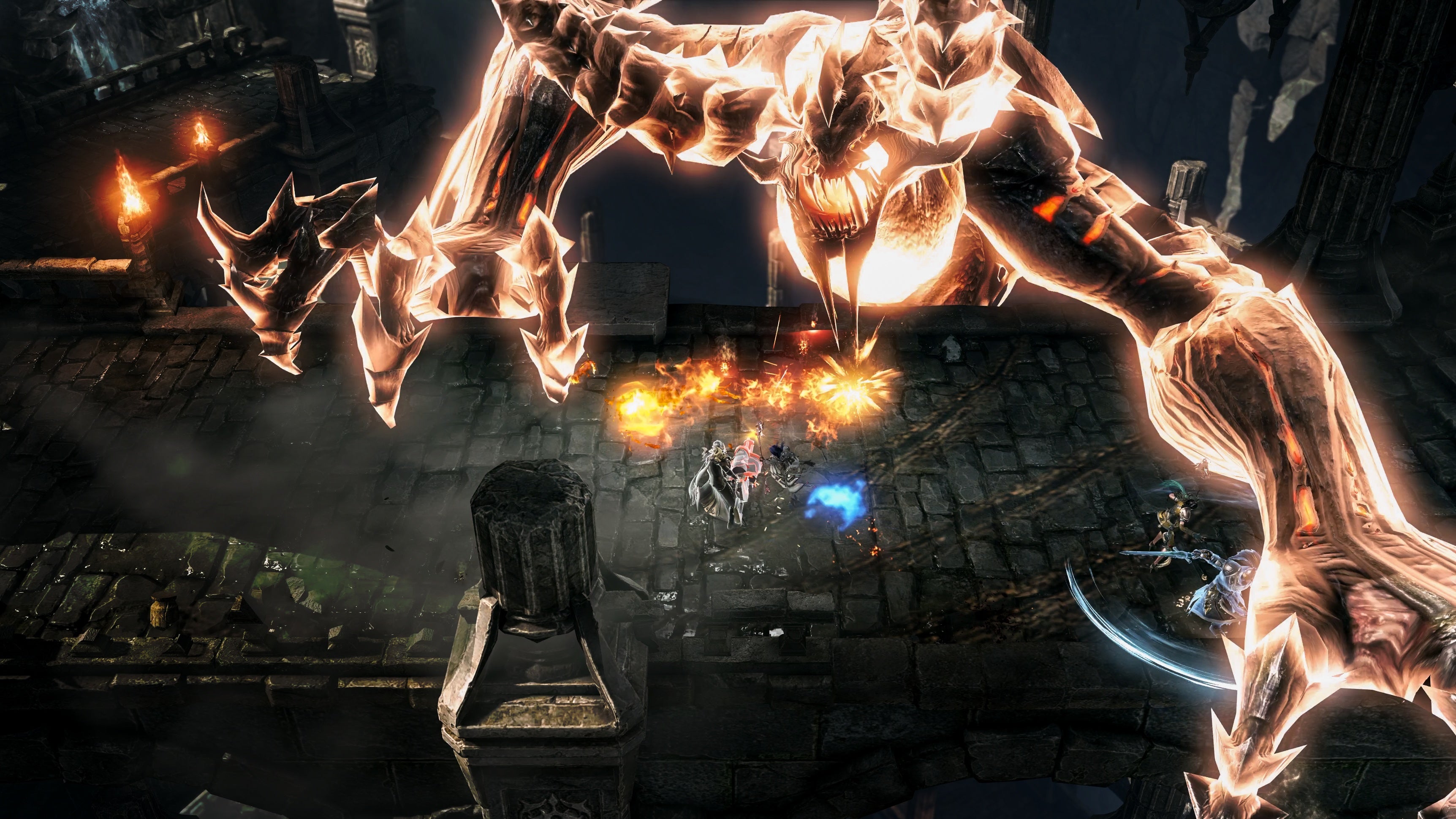 Uma captura de tela do RPG de ação MMO Lost Ark, mostrando um jogador brilhante em uma ponte de pedra sendo atacado por um demônio enorme e brilhante.