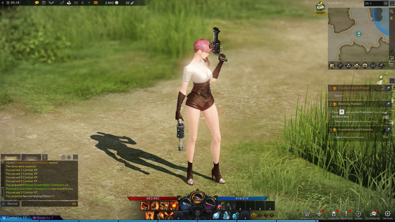 A Lost Ark screenshot showing a female gunslinger stands in tiny hotpants and high heeled boots in the middle of a field.