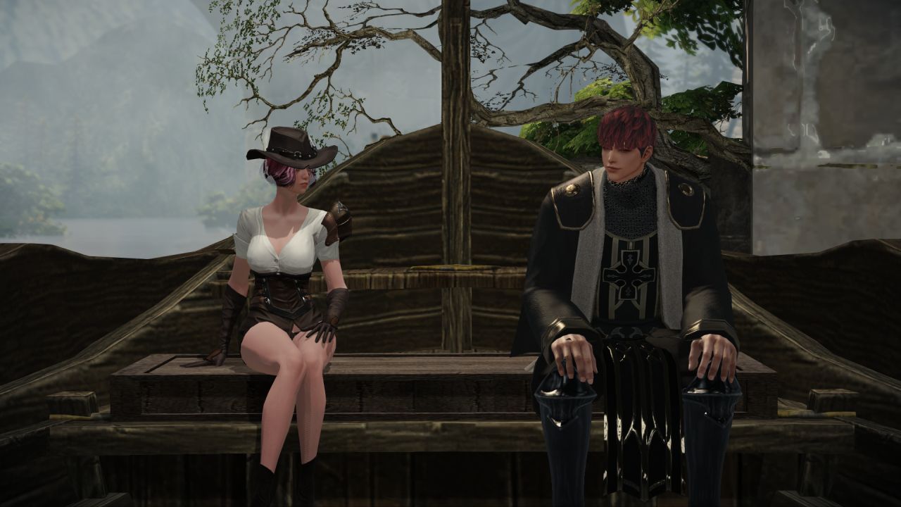 Um personagem do jogador (um pistoleiro feminino em calças quentes) senta-se em um carrinho ao lado de um padre loiro solene em Lost Ark