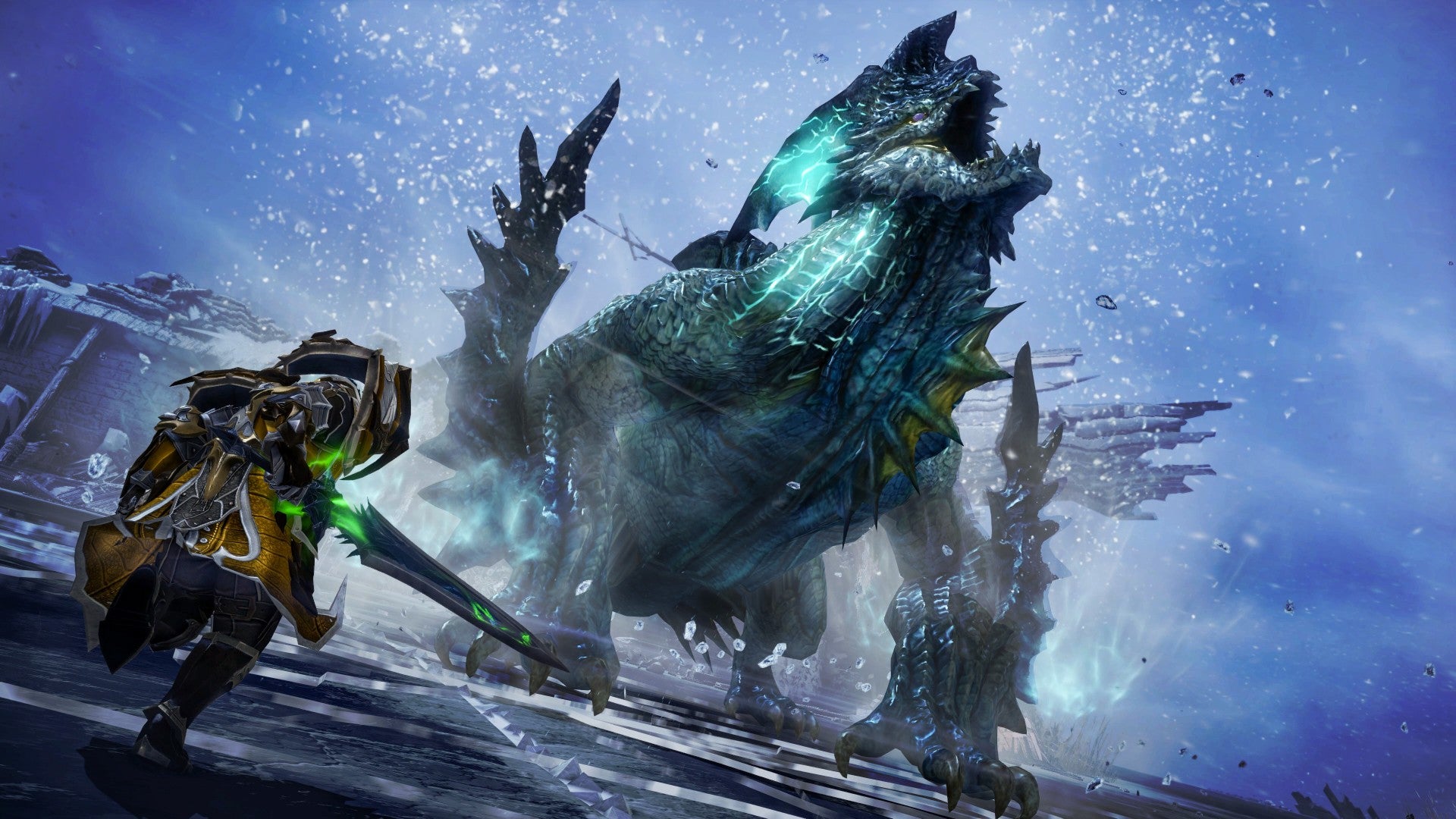 Lost Ark player fighting a dragon-like monster in the snow.