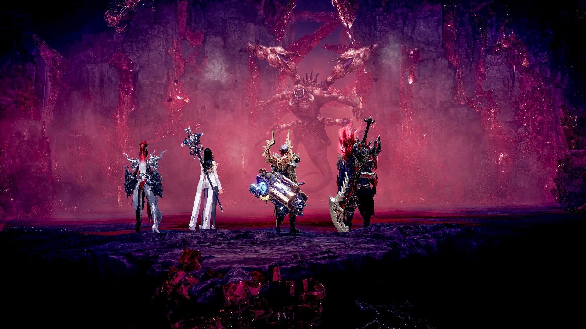 Squad of Lost Ark players staring at a scary demon in a cave illuminated with a hazy red light. The demon looks very angry.
