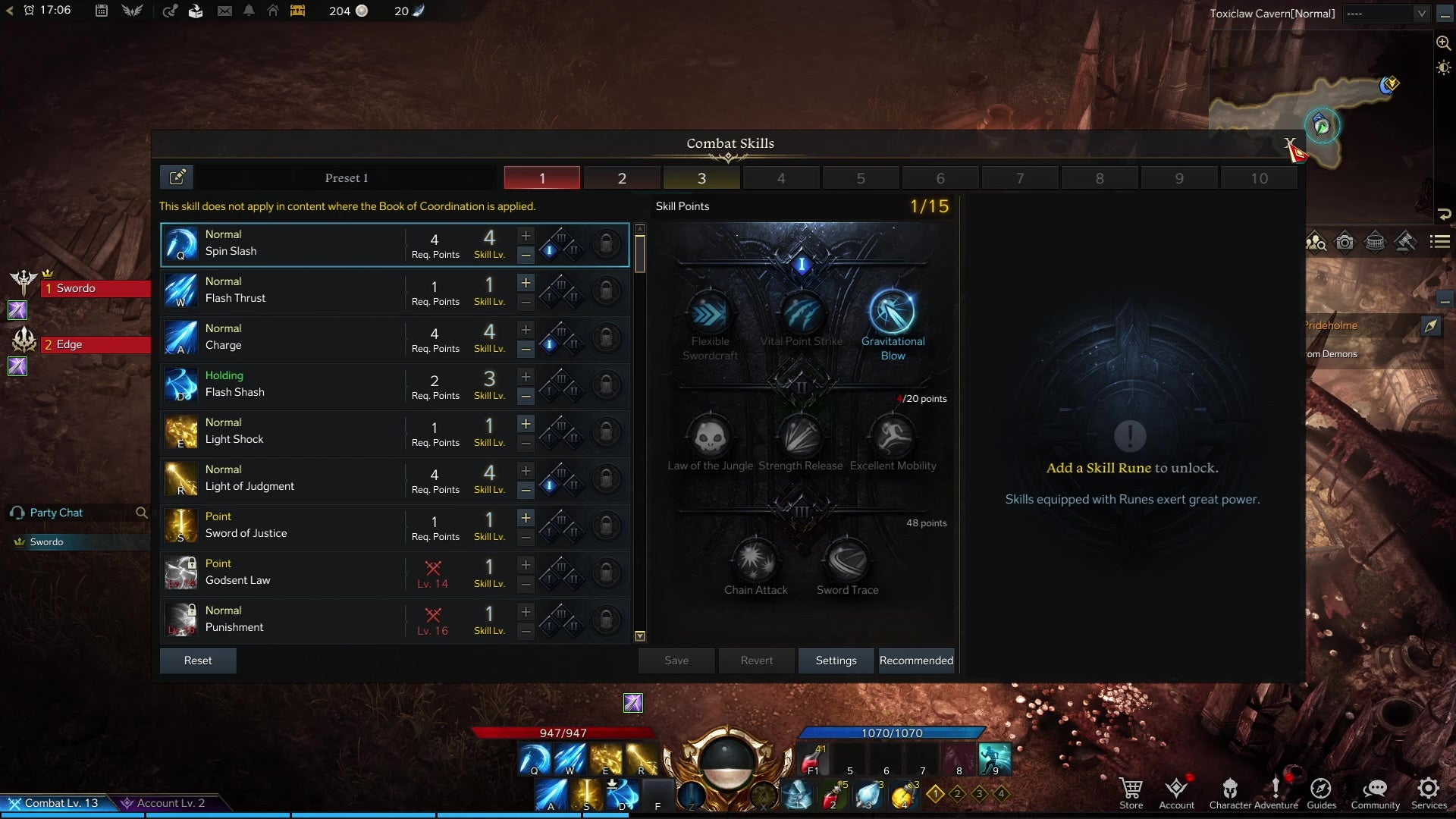 A pane from Lost Ark which shows a Paladin's abilities and available upgrades.