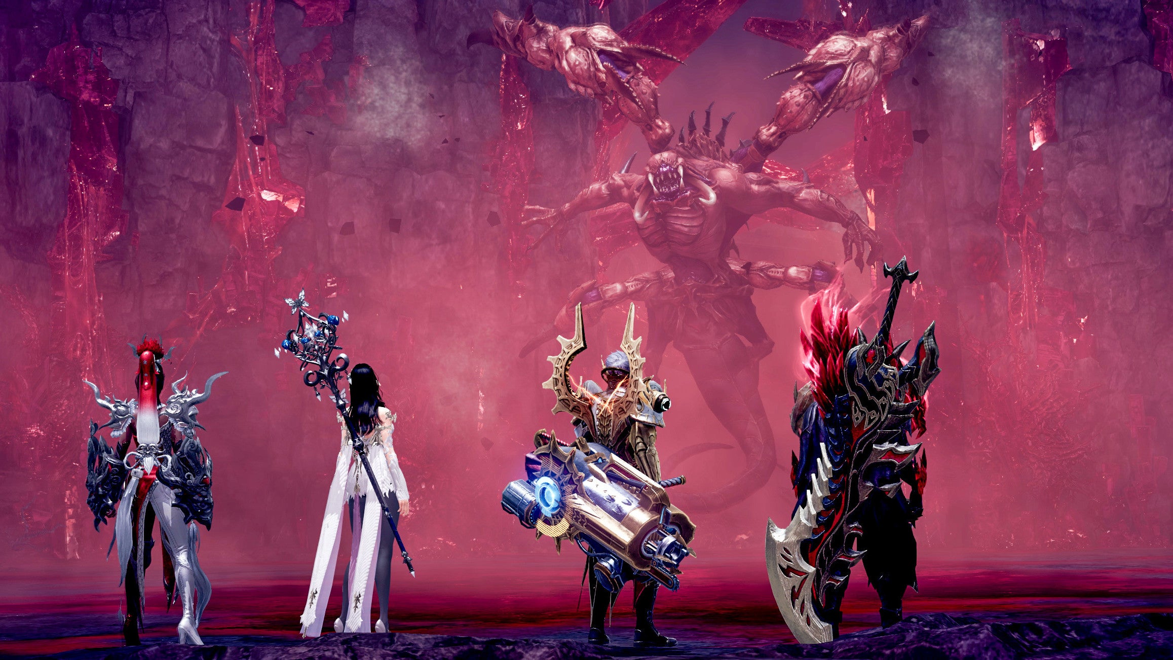 Assorted wizards facing a giant monster in a Lost Ark screenshot.