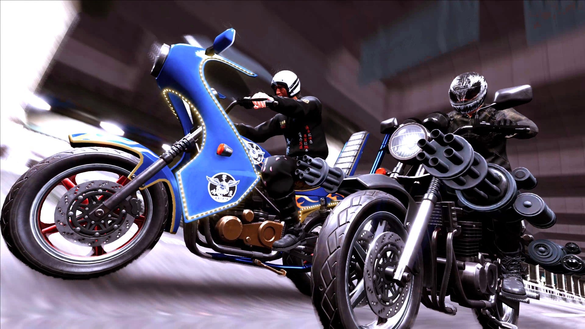 Lost Judgment's Yagami lines his blue motorbike up against a rival whose motorbike sports a mini-gun on its side.