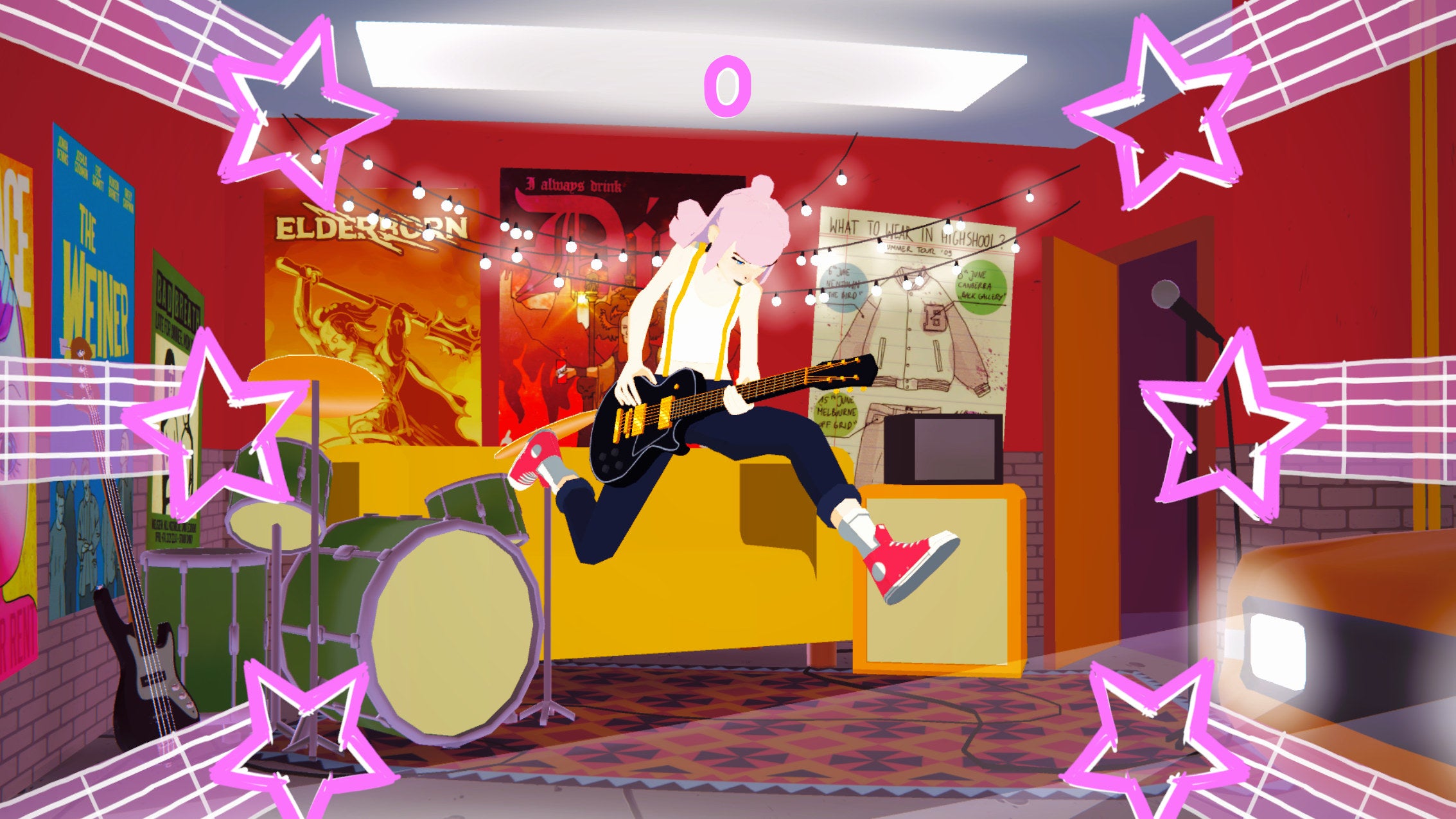 Pink-haired teen girl Astrid does a pop-punk jump with her guitar in a cropped Loud screenshot.