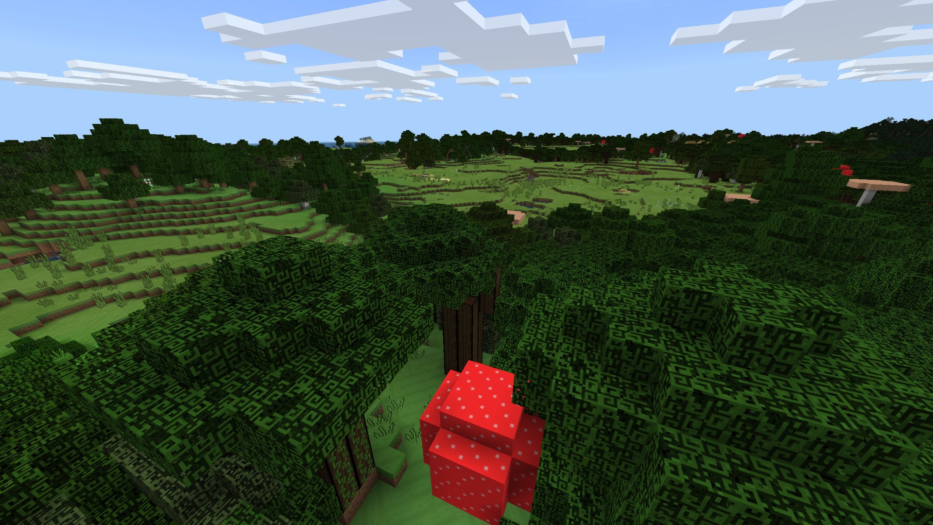 A Minecraft Bedrock screenshot of a landscape displayed using the Love and Tolerance Texture Pack.