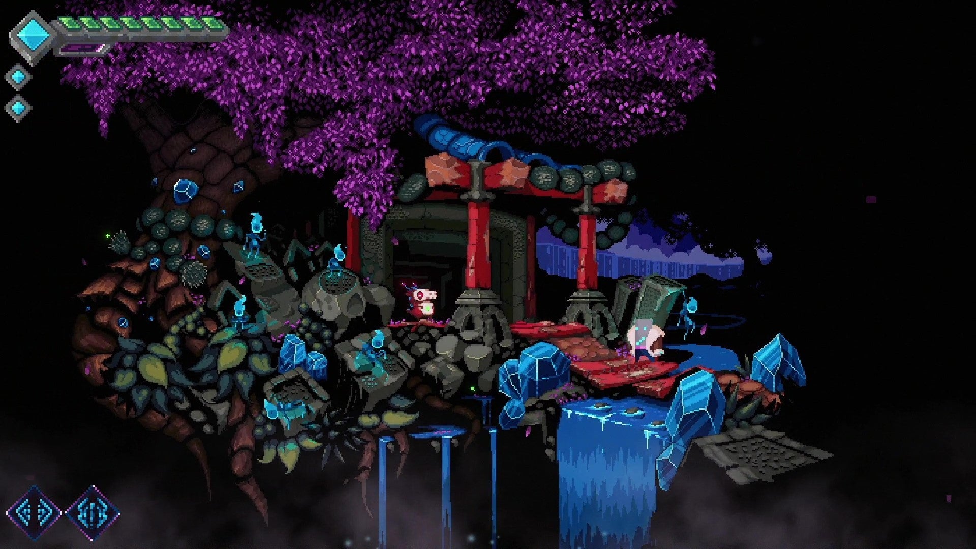 A warrior in a fur coat stands on a bridge next to a Japanese-style torii gate in a forest scene in Lucid.