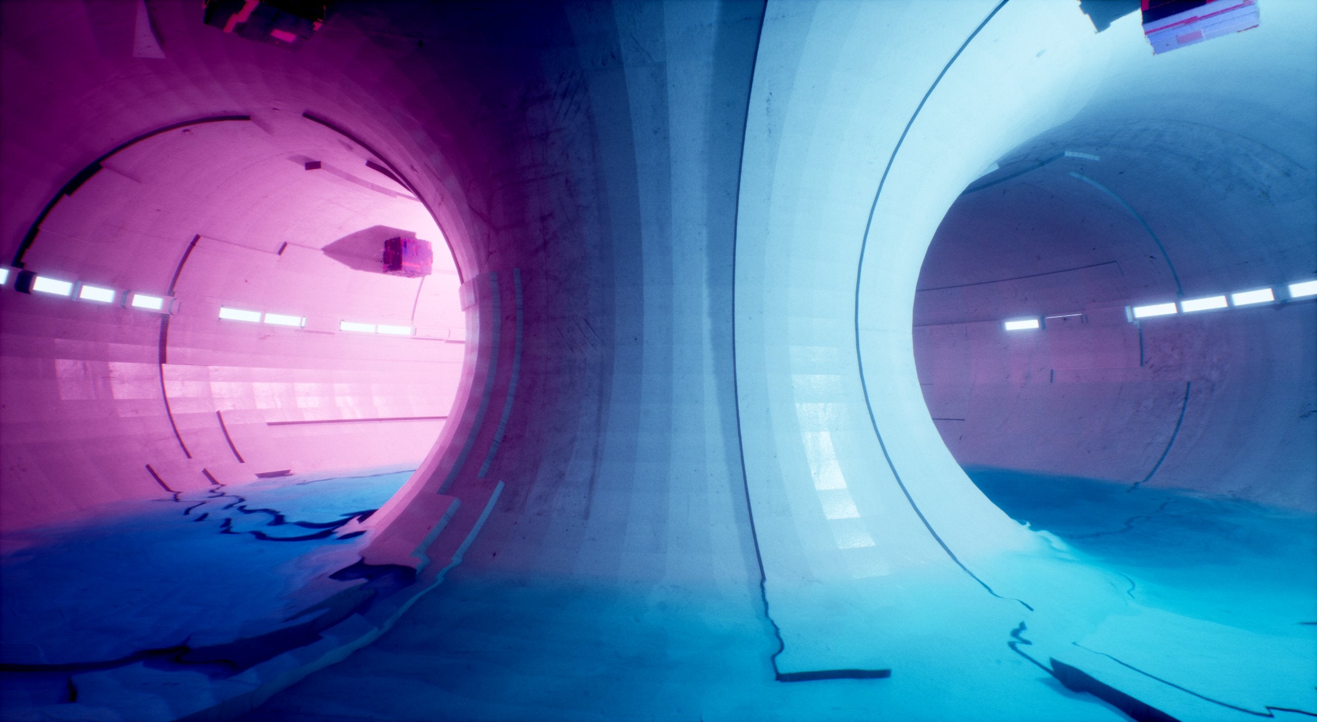 Pink and blue lifting inside a giant torus-shaped power core from Lunar Soil.