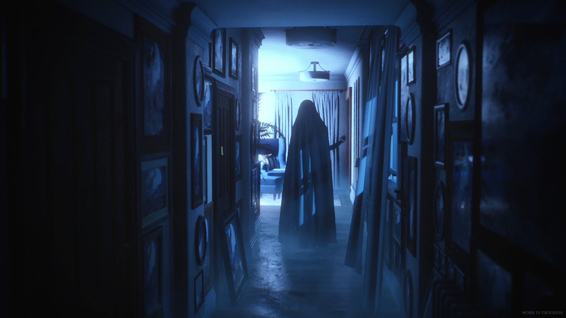 A blue-lit corridor has a ghostly figure at the end covered by a sheet in Luto.