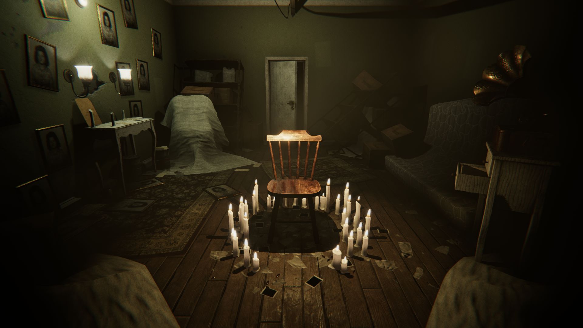 A screenshot of a scary chair surrounded by candles and Polaroid images in Madison