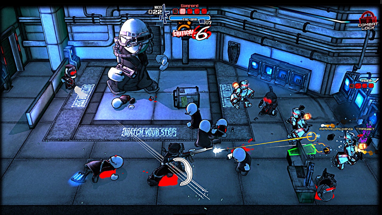 A screenshot of Madness: Project Nexus showing a view of a lab from above, in which player holding a machinegun is battling various goons.