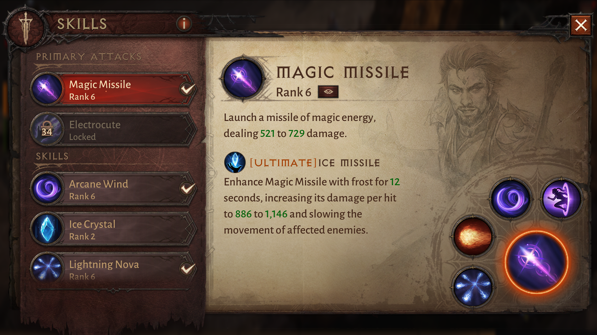 The description of the Magic Missile main ability for the Wizard in Diablo Immortal
