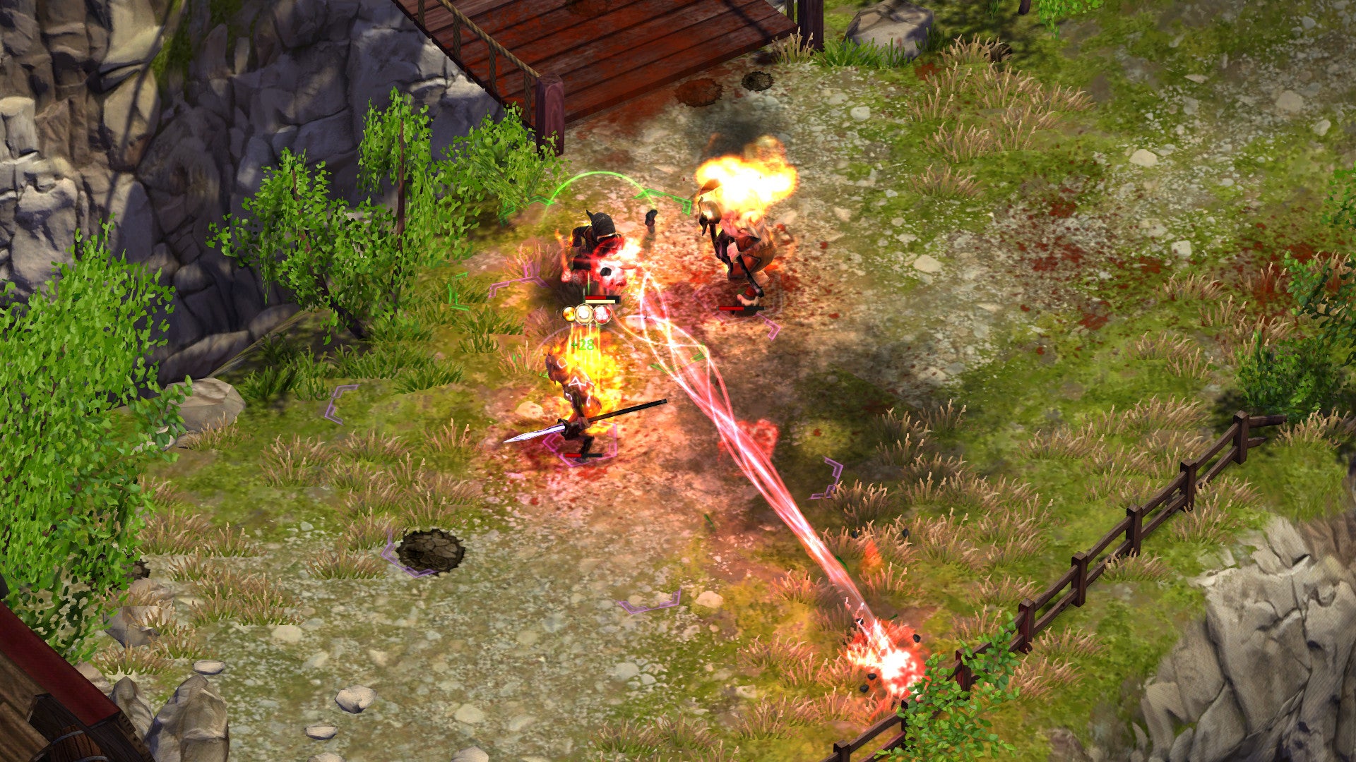 A wizarded shrouded in beams, explosions, and fire in a Magicka screenshot.