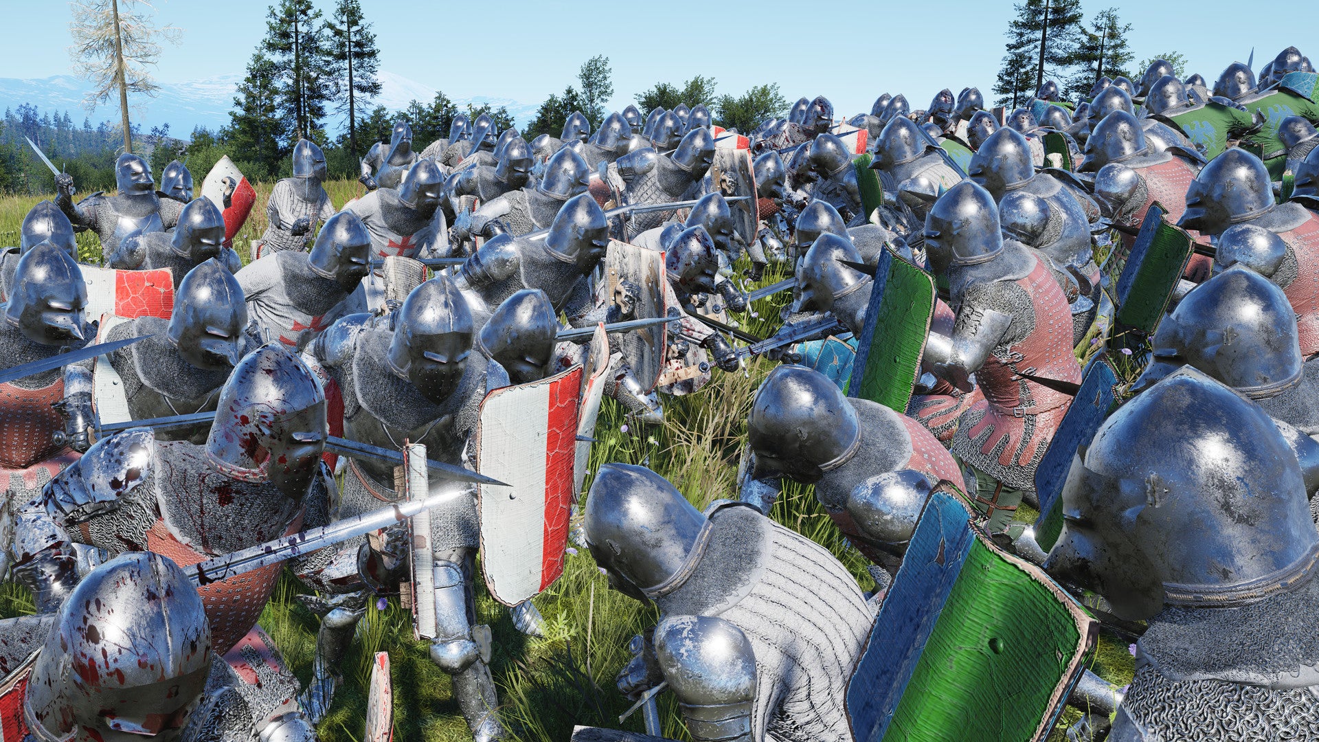 A screenshot of Manor Lords, an RTS/citybuilder, depicting men in medieval armour doing close quarters battle with swords and shields.