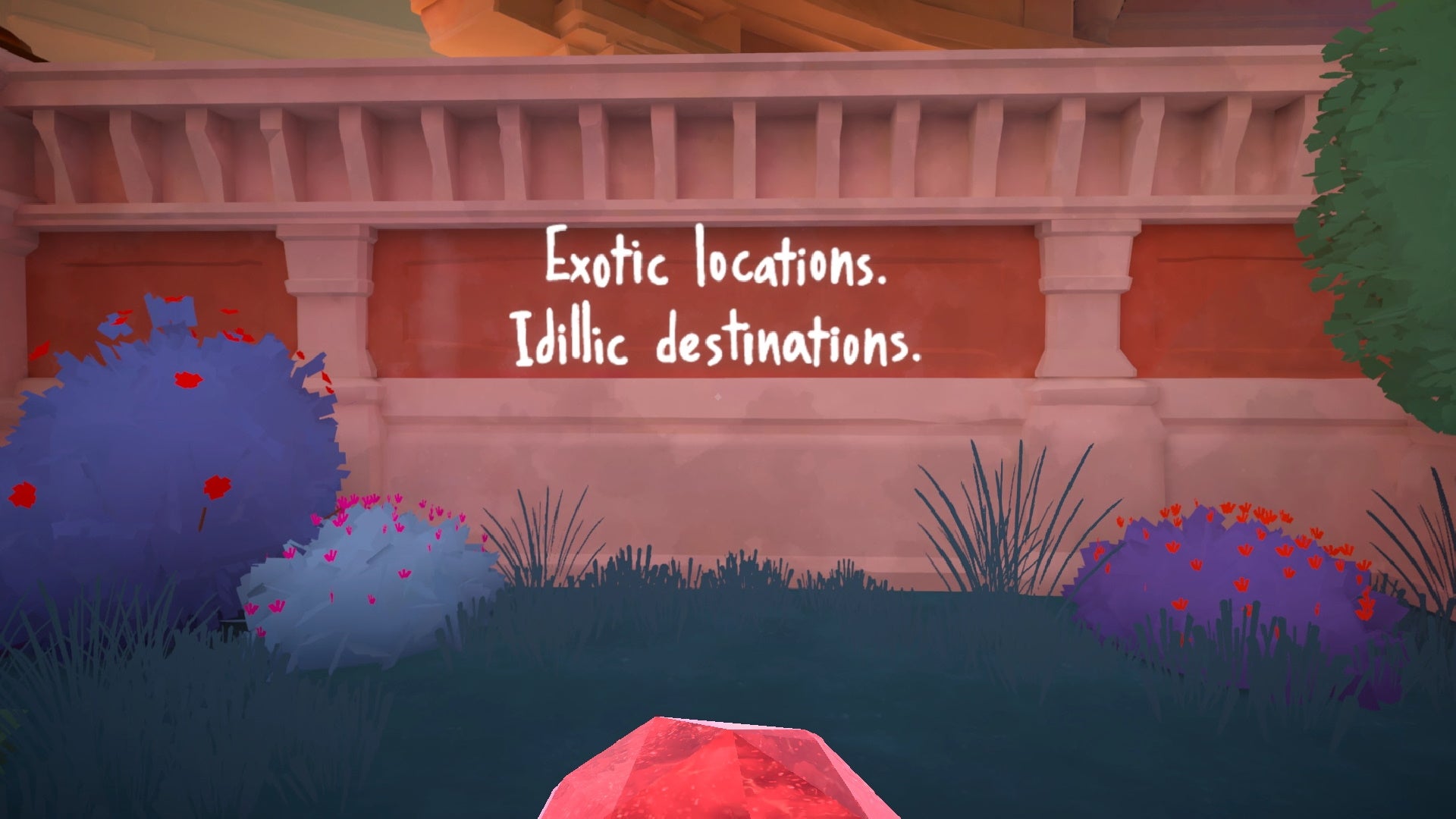 A screenshot of Maquette, where I stand with a red orb in my hand and look at some text that's appeared on the wall. It reads "Exotic locations. Idillic destinations." I am distraught at the typo