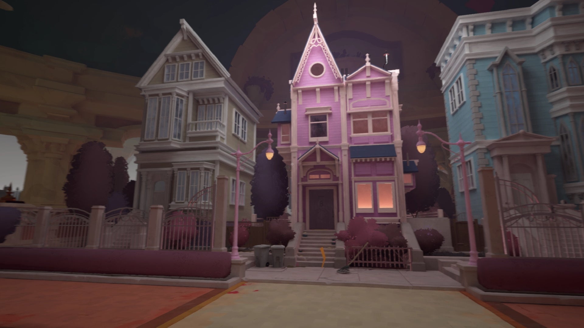A screenshot of Maquette which shows three tall houses, one in the middle is pink and the lights are on.