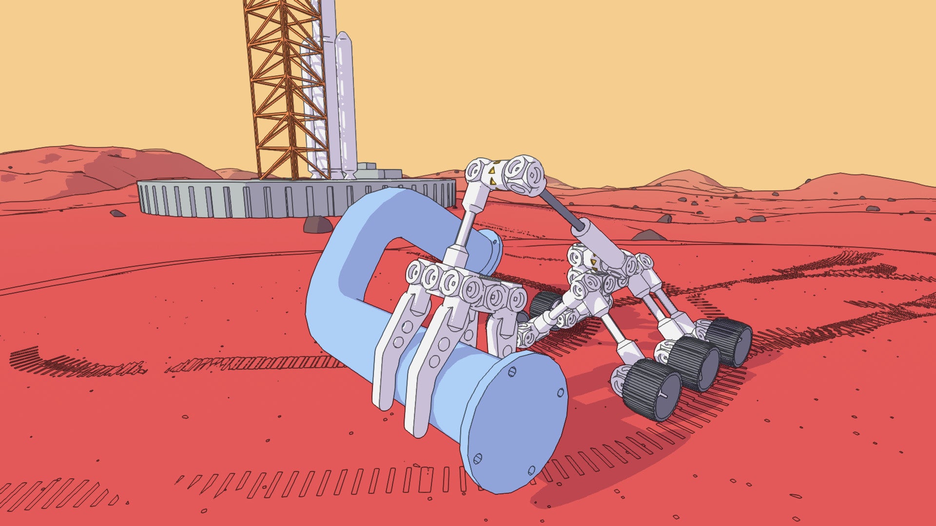 A screenshot of Mars First Logistics showing a six-wheeled robot with a large arm carrying a pipe across the red surface of Mars.