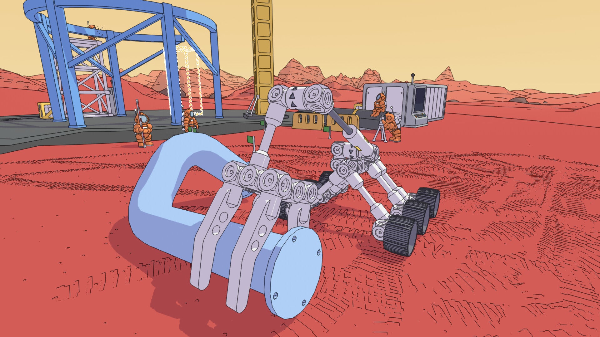 A mechanical rover clasps a large blue pipe in Mars First Logistics