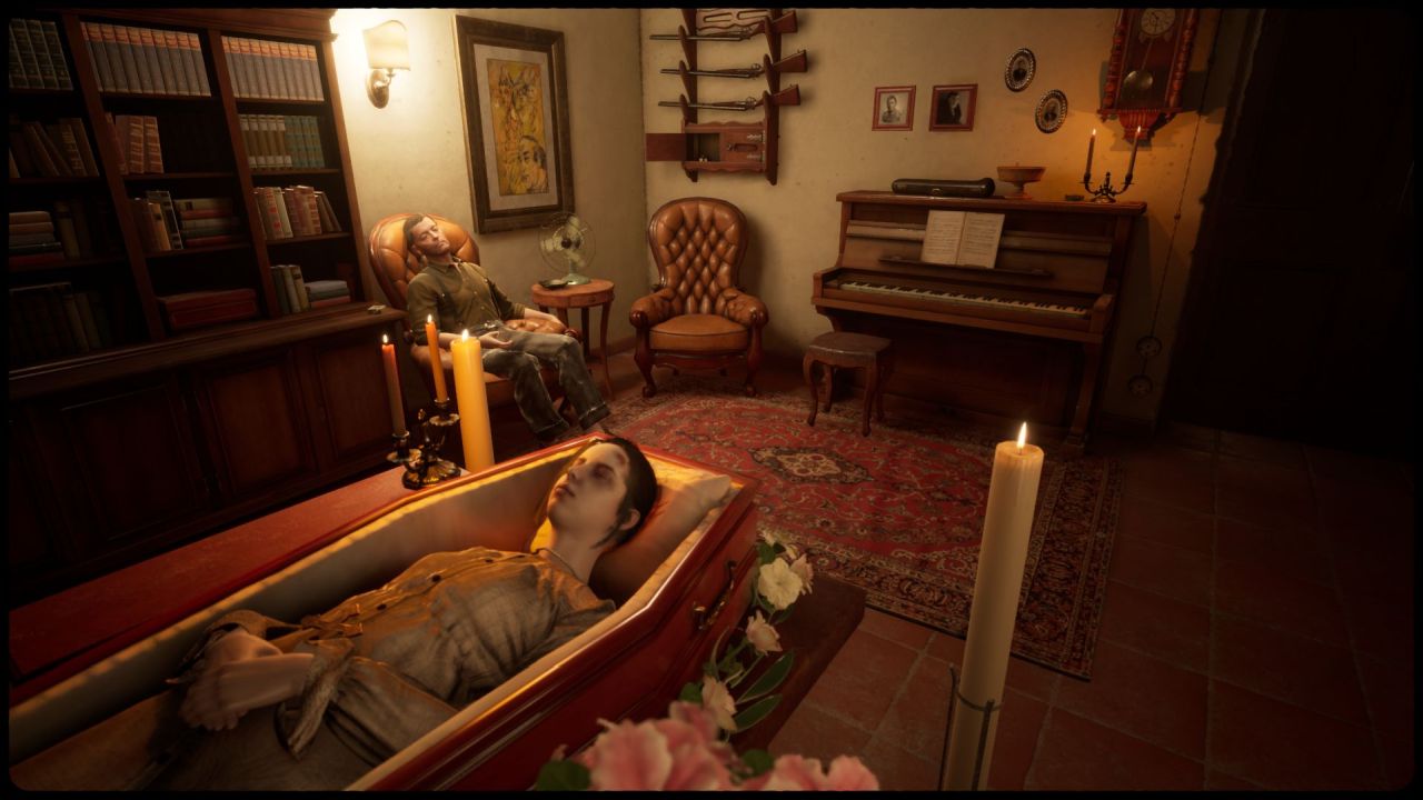 A screenshot of Martha Is Dead showing Martha lying in an open coffin in the family living room for her wake, the twins' father sleeping in a char in the corner
