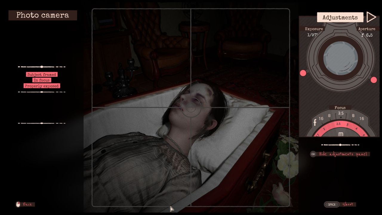 The player uses their 1940s camera to take a photograph of Martha, lying in her open coffin in the family living room, in Martha Is Dead