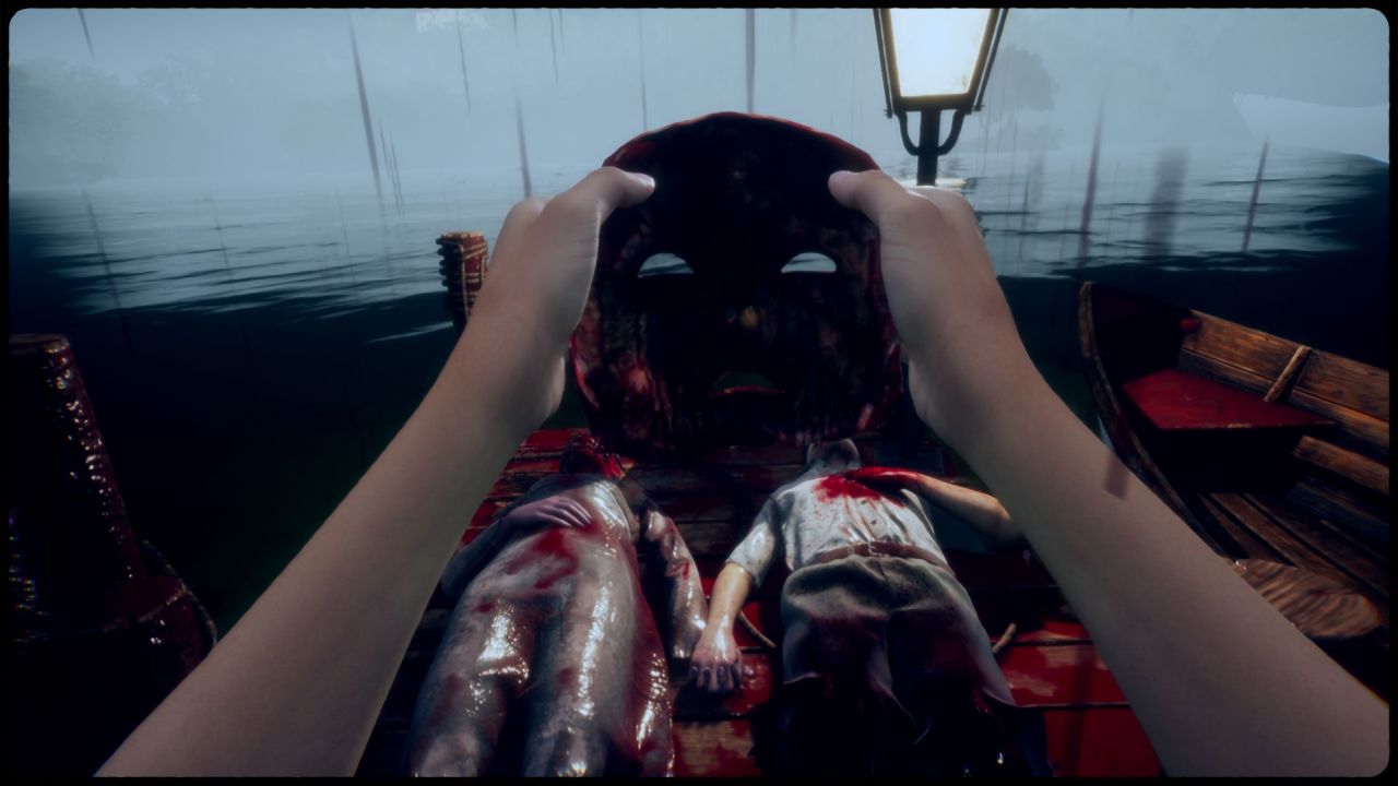A screenshot from Martha Is Dead showing the bloody corpses of a man and a woman lying in the bottom of a boat. The player character Giulia is holding up what appears to be a mask, facing it away from the camera