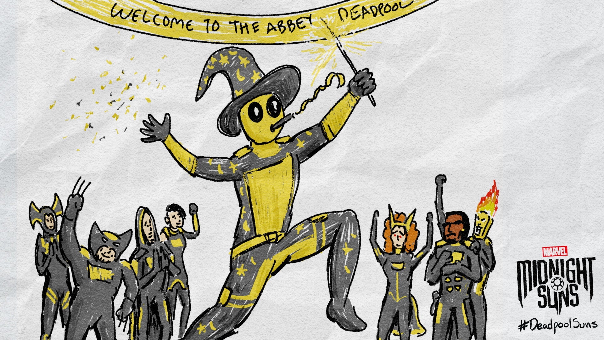 A hand drawn image of Deadpool celebrating his arrival in Marvel's Midnight Suns