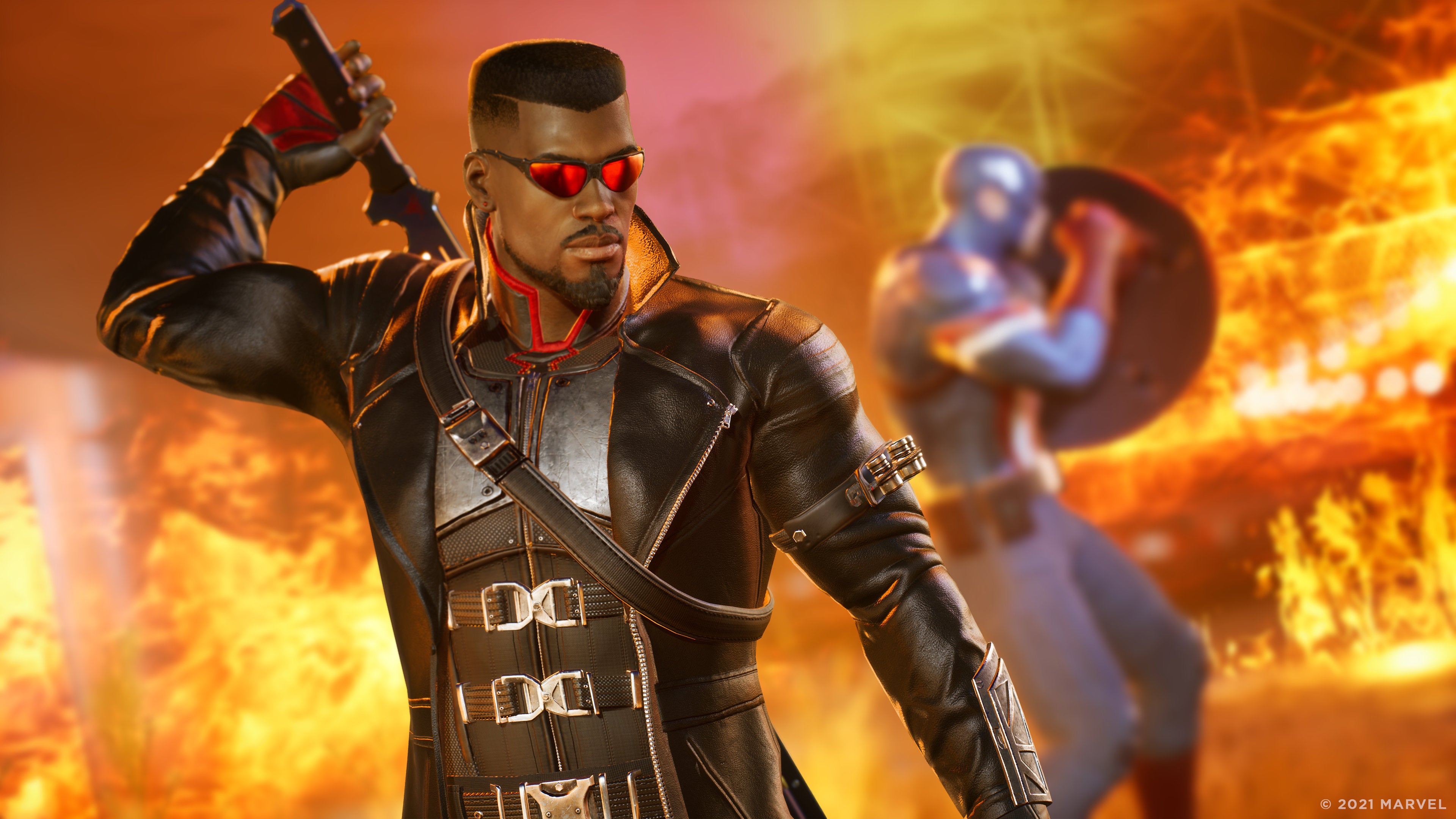 Blade and Captain America in a Marvel's Midnight Suns screenshot.