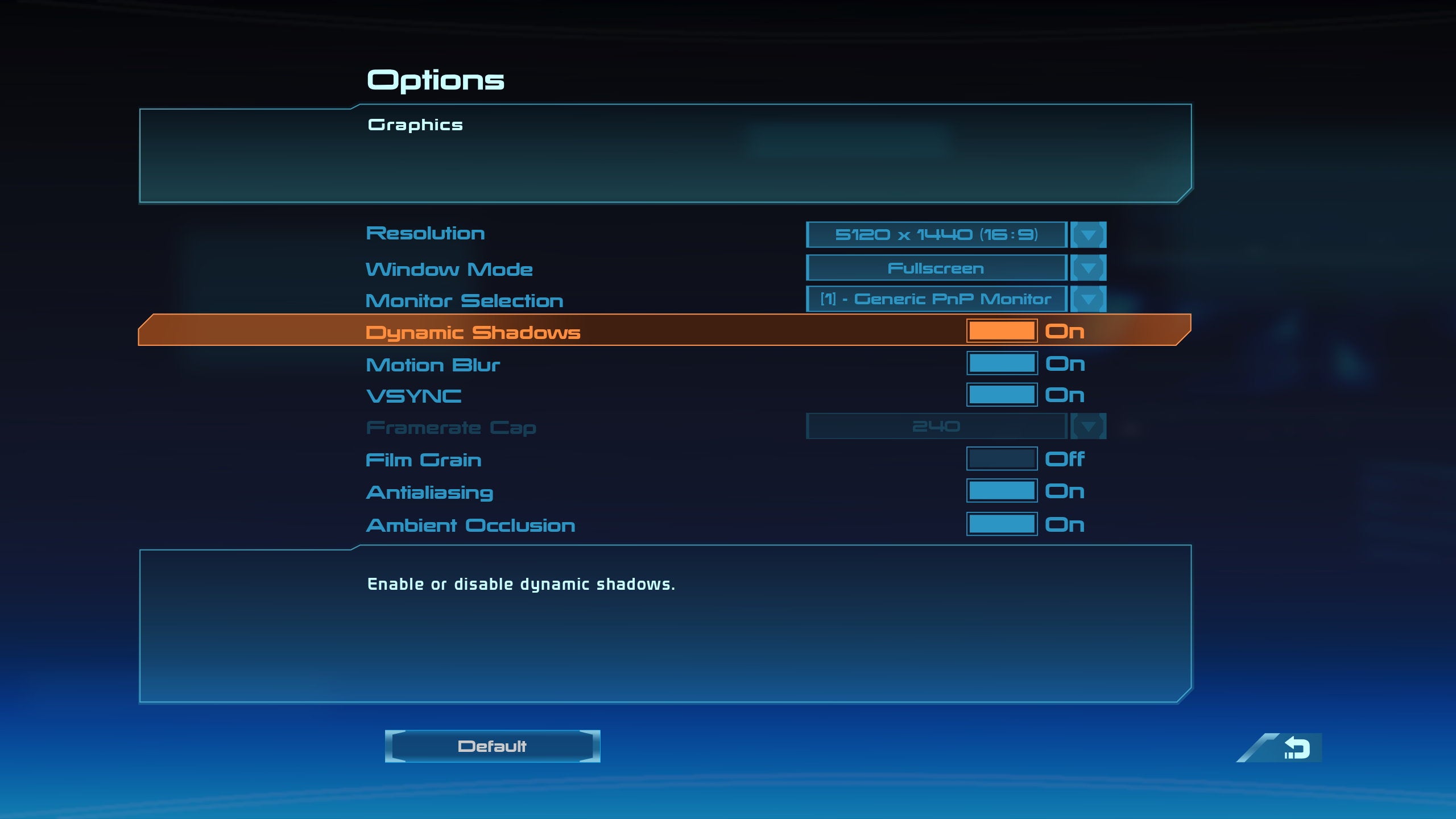 The PC settings menu for Mass Effect 1 in Mass Effect Legendary Edition