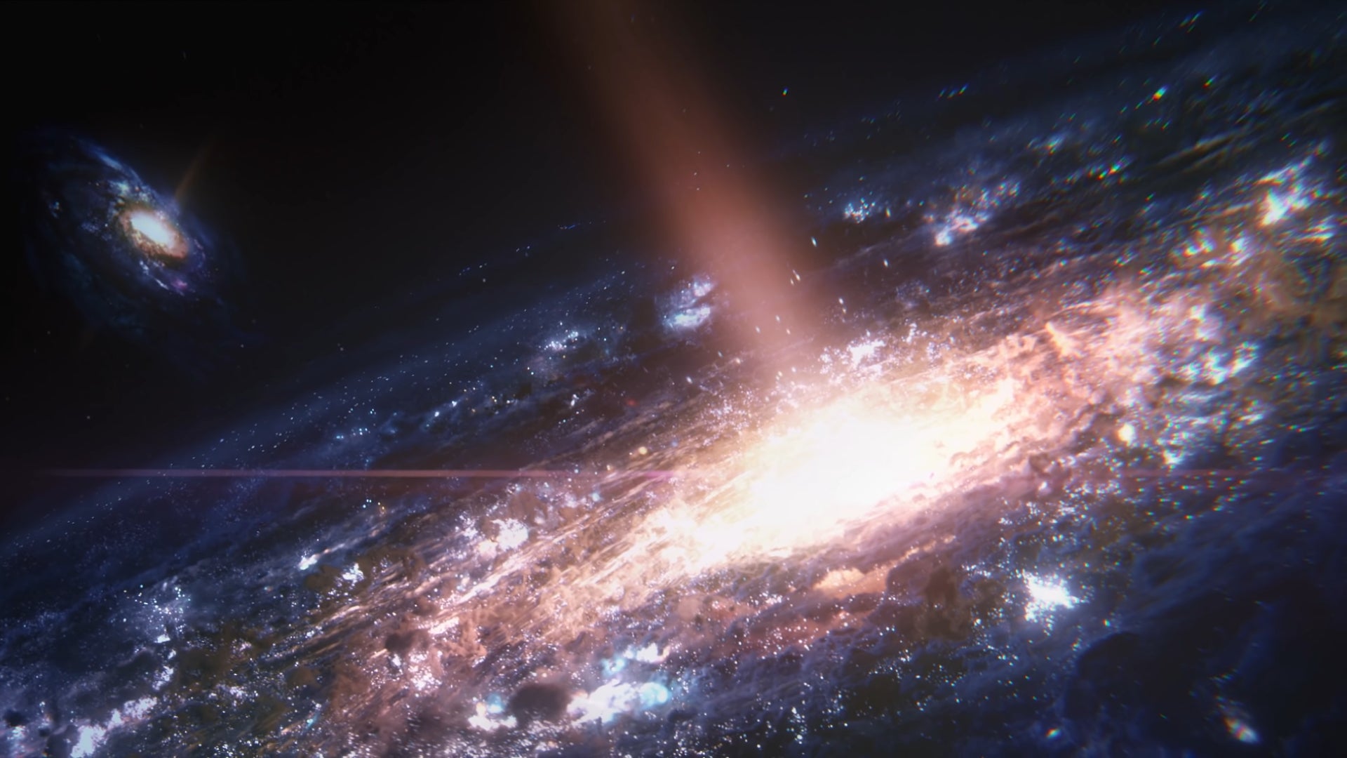 The Milky Way in the foreground with the Andromeda galaxy in the background, in the opening shot of the Mass Effect 5 teaser trailer.