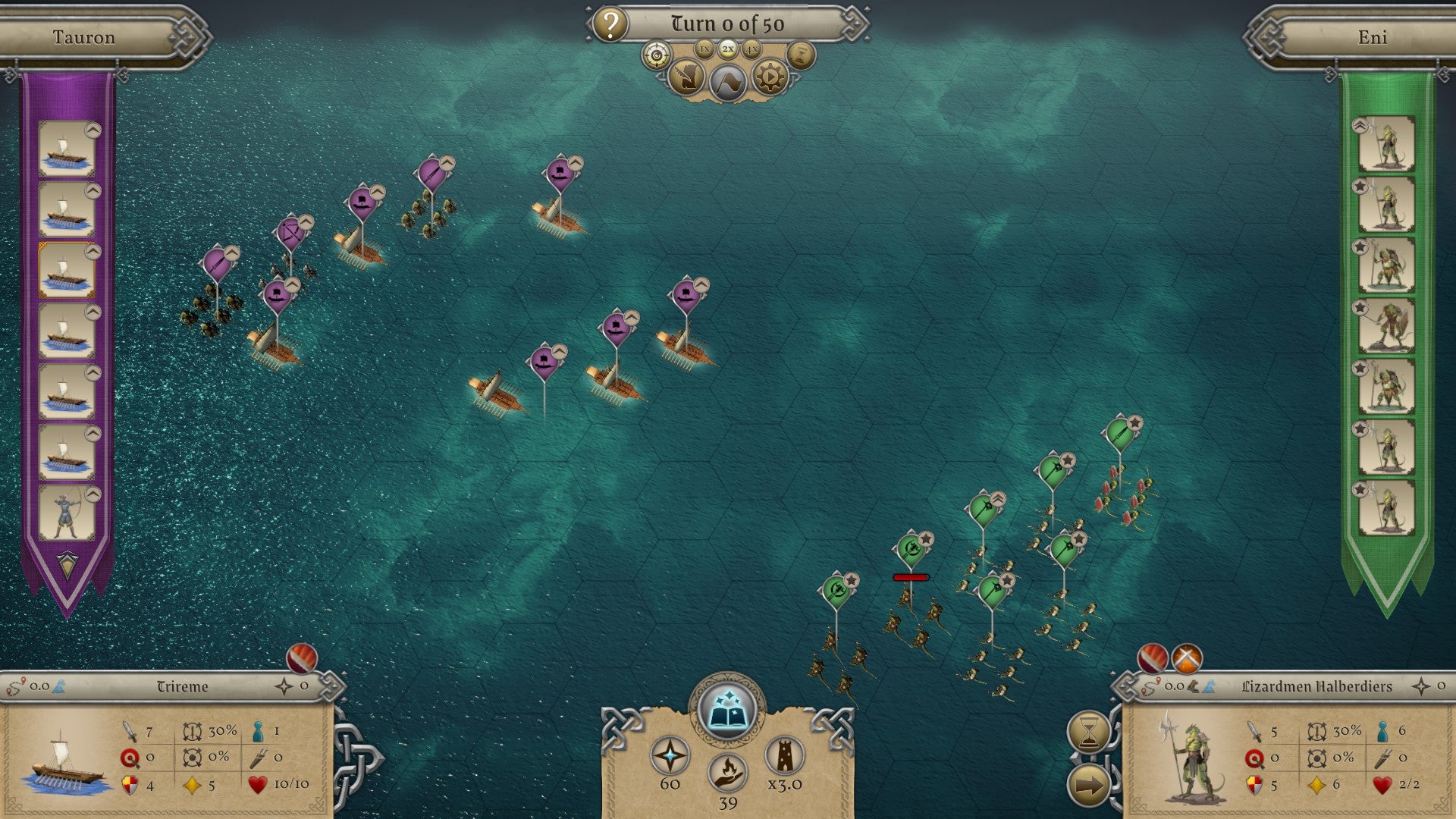 A top down battle on the sea in Master Of Magic