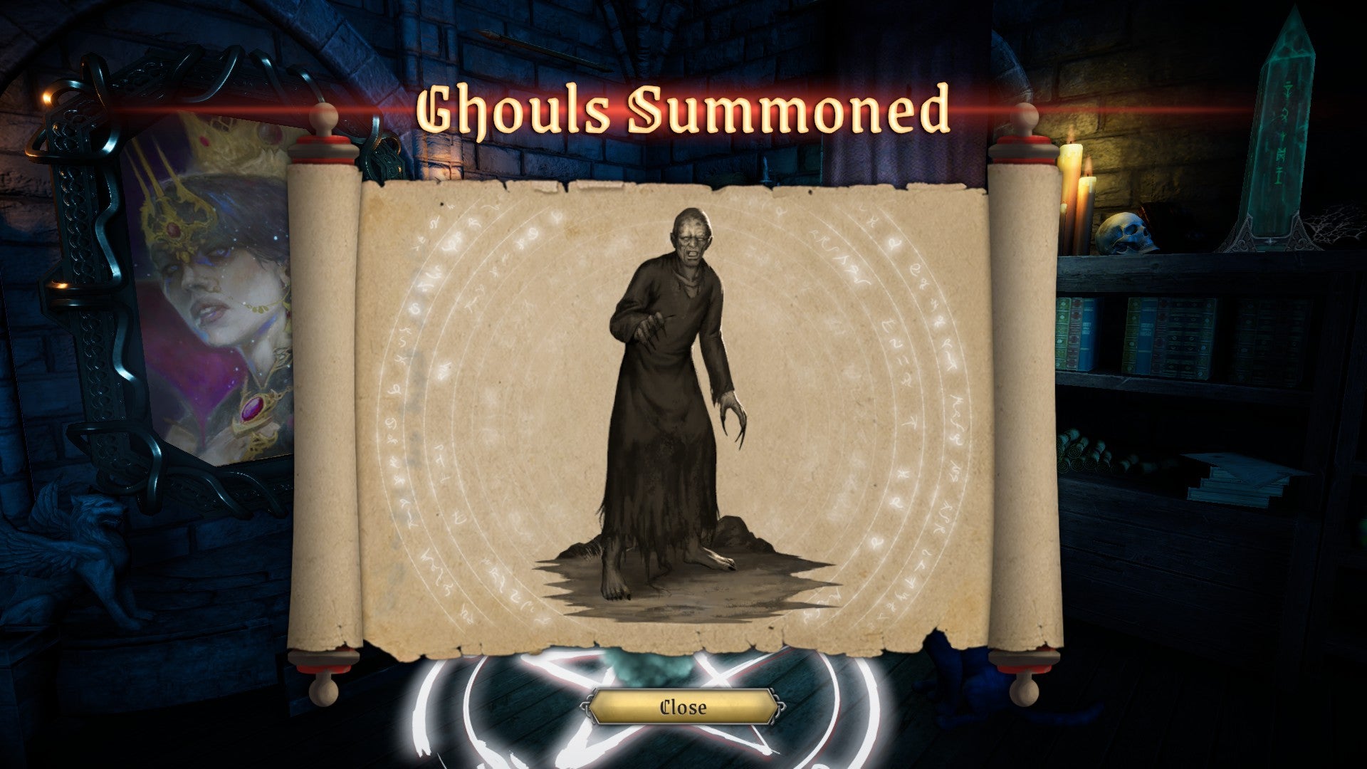 A large pop up on a scroll, with a picture of a ghoul, confirming Ghouls Summoned, in Master Of Magic