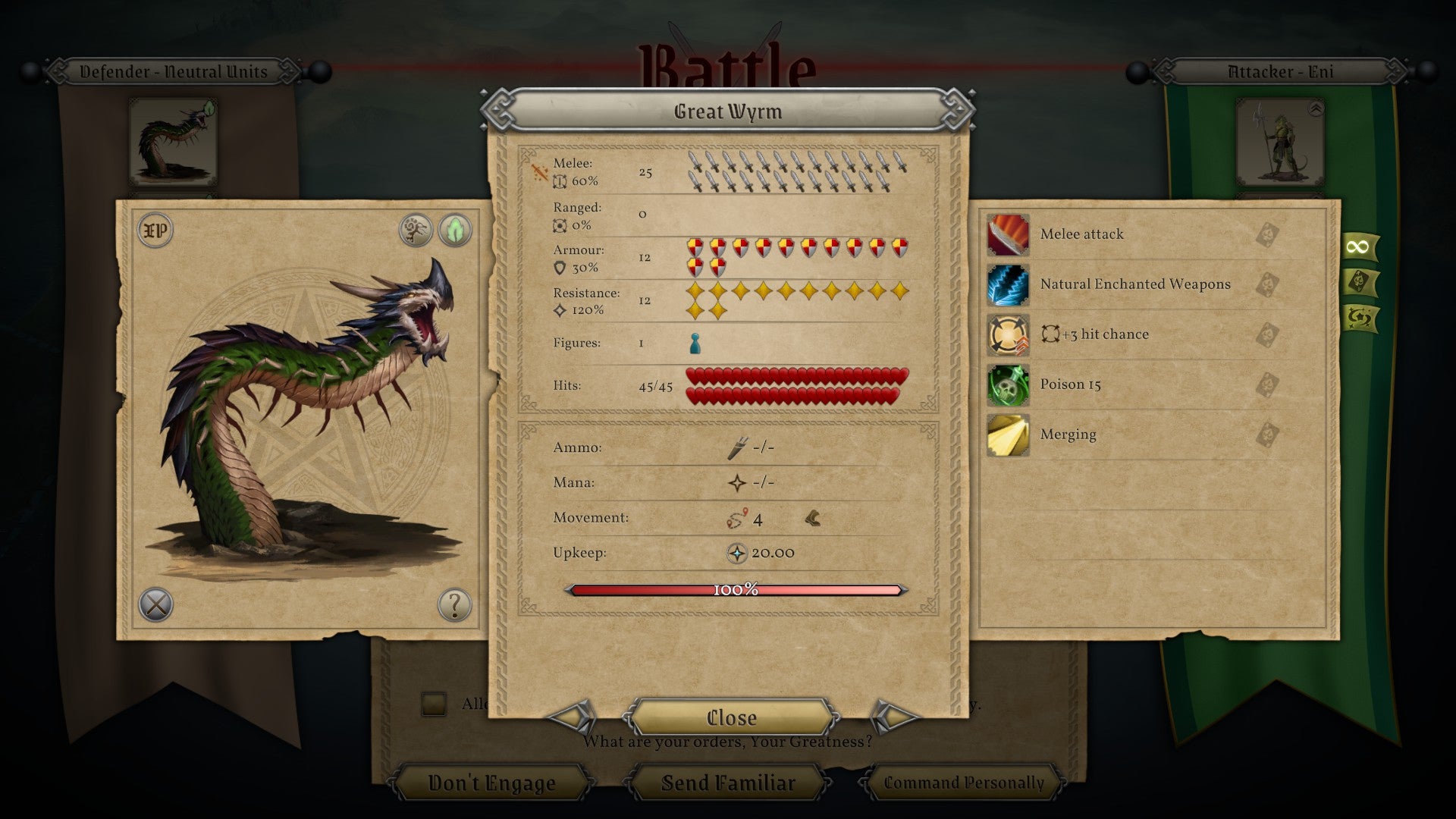A unit info screen for a Great Wyrm in Master Of Magic. It's like a cross between a centipede and a dragon
