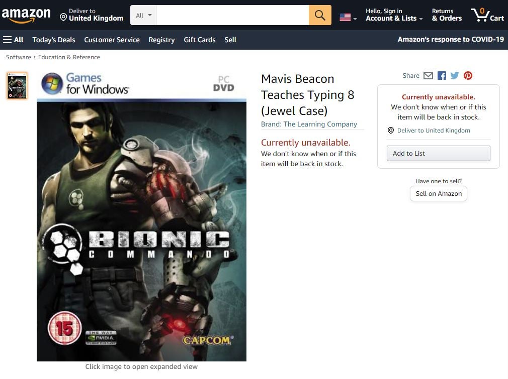 An Amazon listing for Mavis Beacon Teaches Typing 8, which actually shows the box for Bionic Commando.
