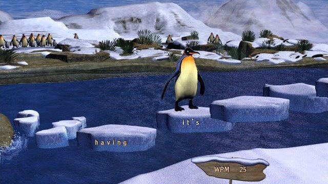 A penguin on an ice floe in Mavis Beacon Teaches Typing 8's Penguin Crossing minigame.