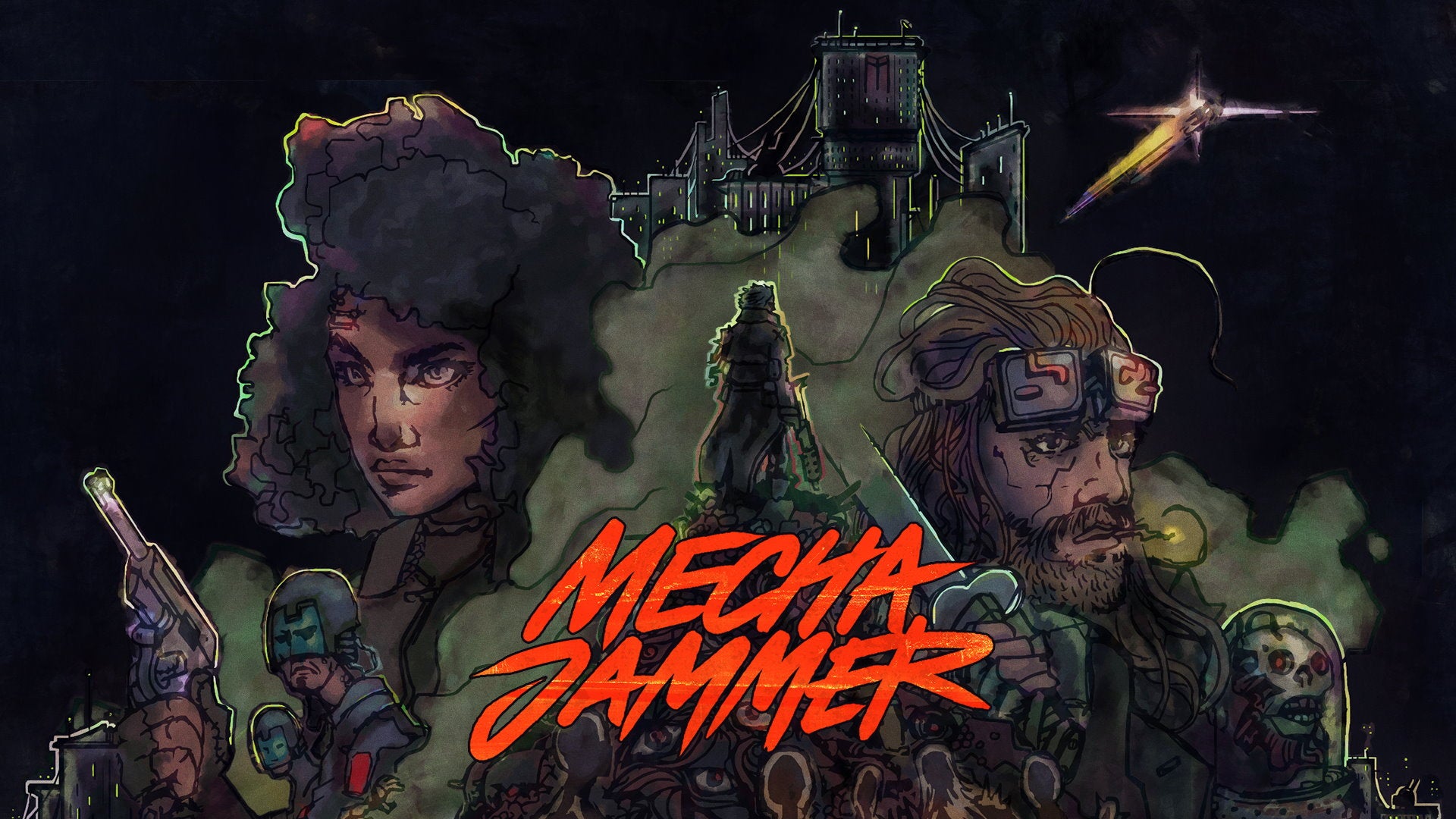 Artwork for Mechajammer, showing a woman and a goggled man in front of a dark cityscape