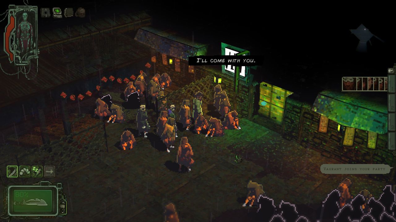 The protagonist in Mechajammer has persuaded someone to join their group, an already large crowd of people in a dark street