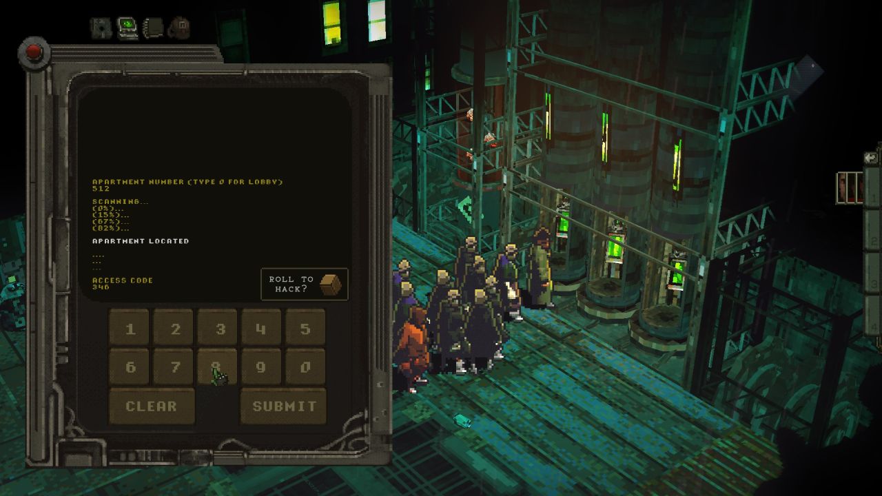 A keypad on a computer-locked door in Mechajammer, with an option to try and hack it open