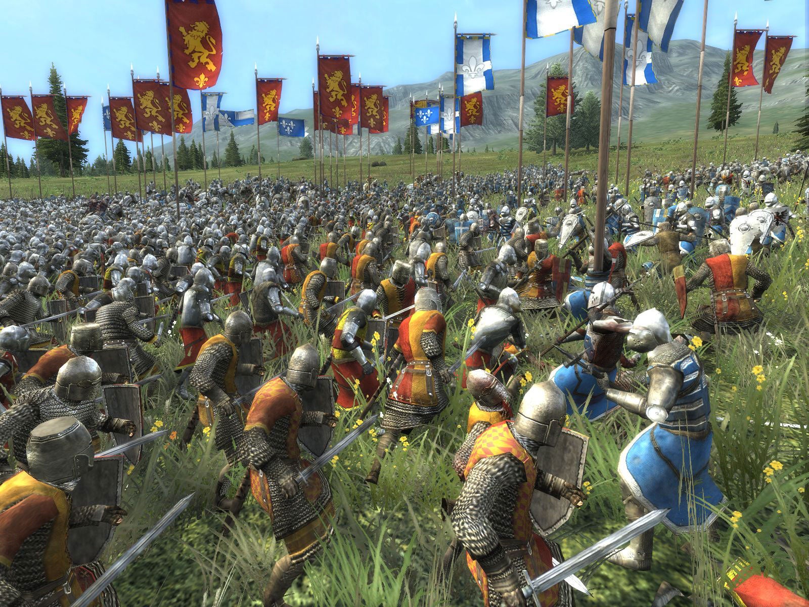Medieval soldiers fight in a field in Medieval II: Total War