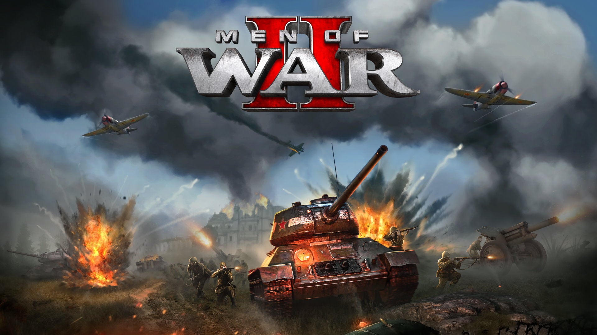 Artwork for Men of War II, showing tanks, planes and infantry soldiers in an explosive battlefield