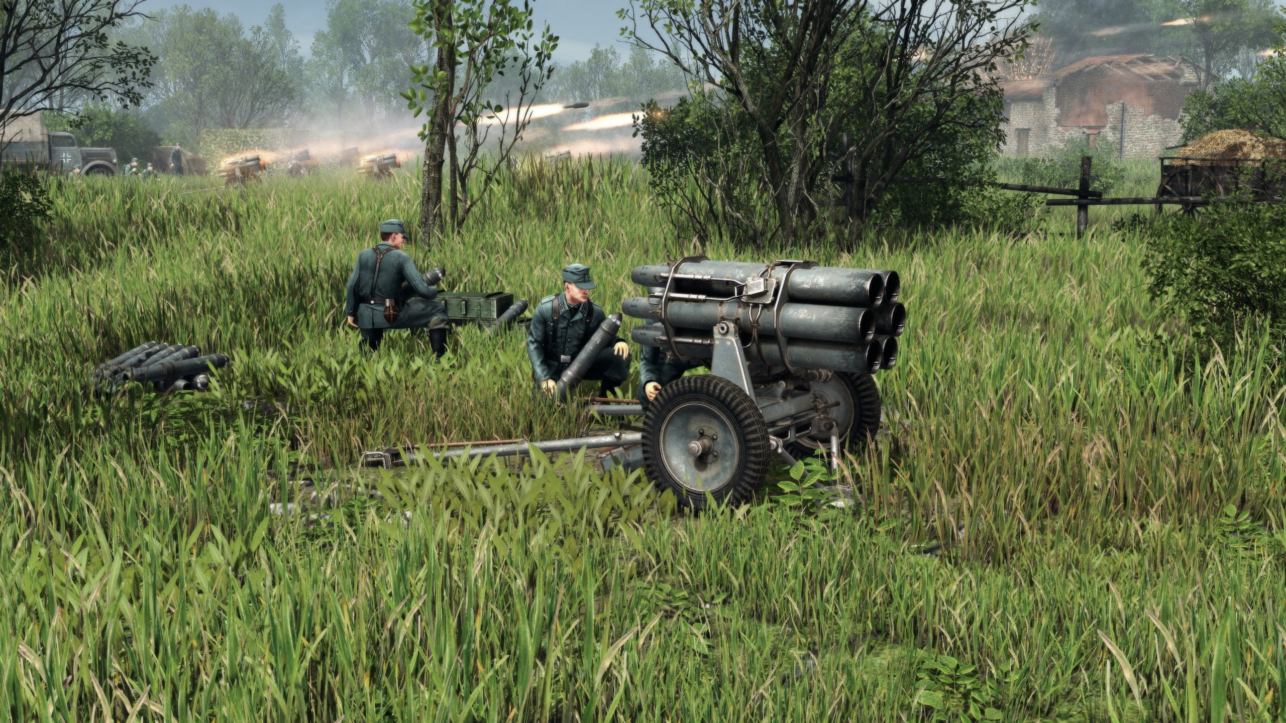 Um soldado inspeciona um Nebelwerfer em Men Of War 2
