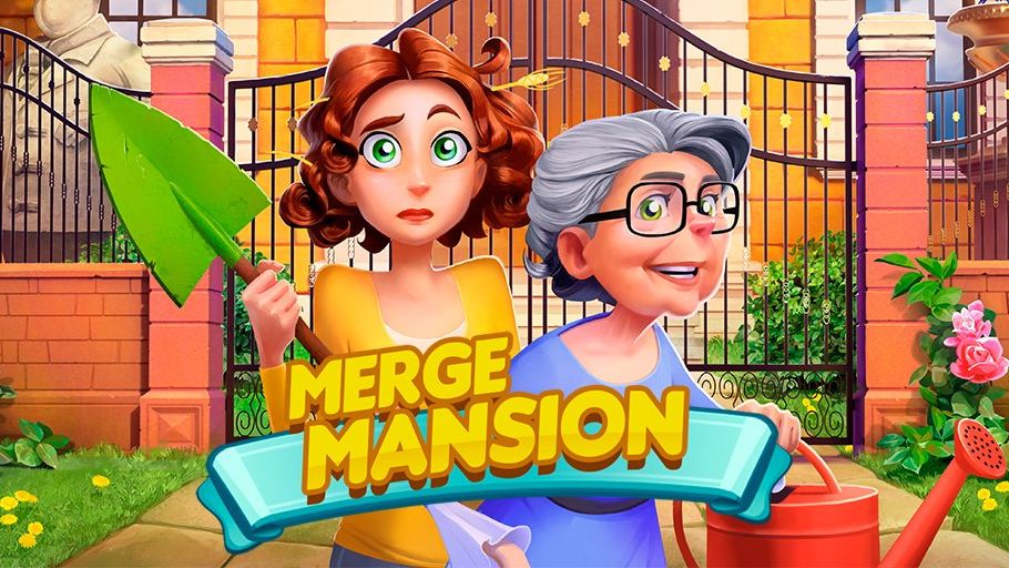 Key art from the mobile game Merge Mansion, showing a young woman holding a shovel and looking confused, next to a smiling older woman with grey hair