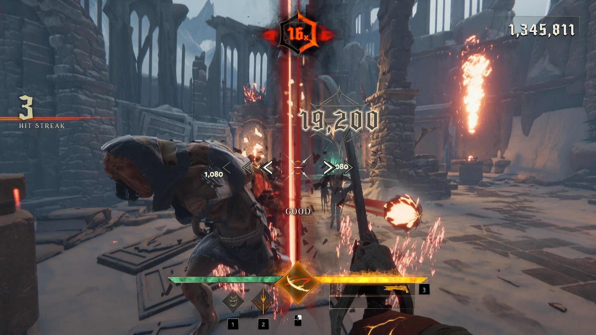 A demon being hacked up with a sword in frenetic rhythm FPS Metal: Hellsinger