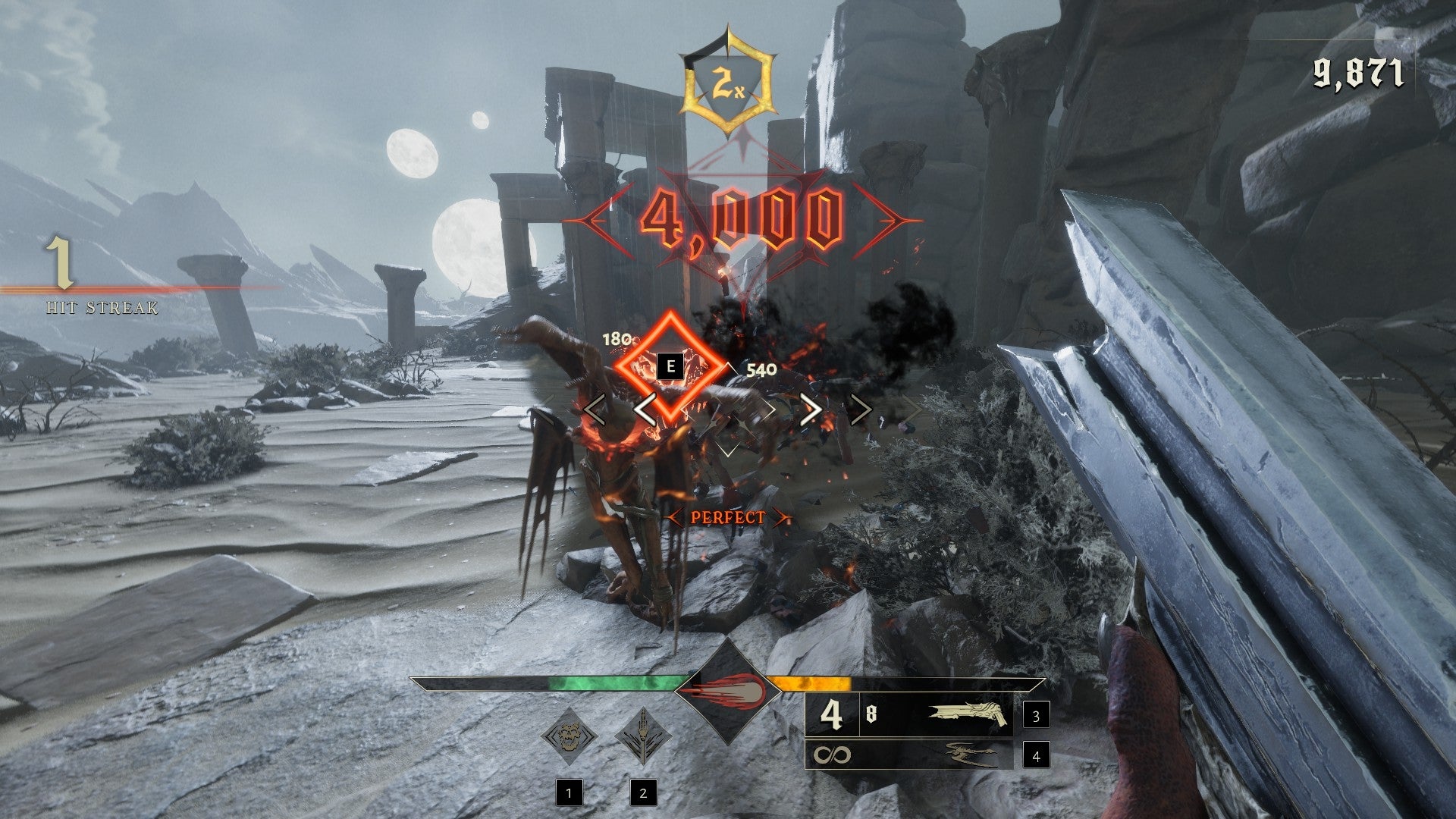 Un ícono en pantalla le recuerda al jugador que presione E para realizar un ataque final contra un demonio en Metal: Hellsinger.