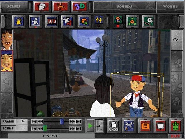 Posing a scene with a cartoon child in a city in a Microsoft 3D Movie Maker screenshot.